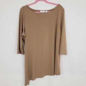 Susan Graver Liquid Knit Top Asymmetrical Hem Tunic Tan size 1X Stretch Office